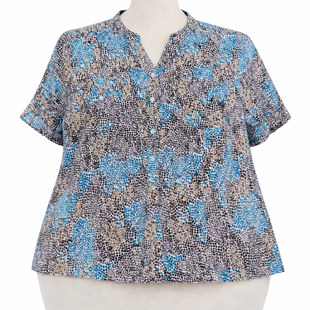 MAGGIE BARNES TEAL AND BROWN SHORT SLEEVE ROLL TAB BUTTON UP BLOUSE PLUS SIZE 5X
